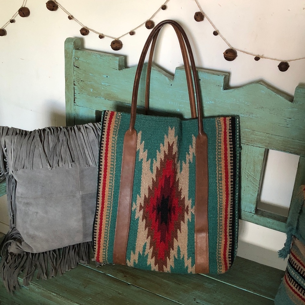 Vintage Two Bar West Wool Saddlebag Tote Teal Large